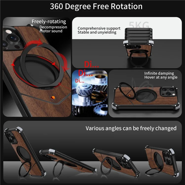 For iPhone 15 Pro Magnetic Case Wood Covered Metal Boardless Phone Back Cover with Kickstand - Black-Cellmalls