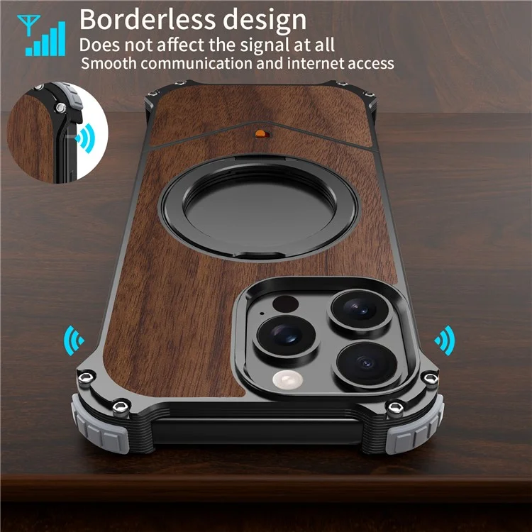 For iPhone 15 Pro Magnetic Case Wood Covered Metal Boardless Phone Back Cover with Kickstand - Black-Cellmalls