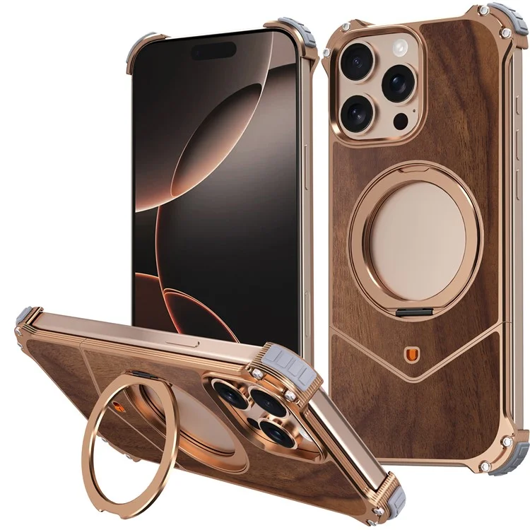 For iPhone 15 Pro Magnetic Case Wood Covered Metal Boardless Phone Back Cover with Kickstand - Black-Cellmalls