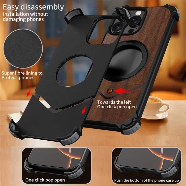 For iPhone 15 Pro Max Magnetic Case Wood Covered Metal Boardless Phone Back Cover with Kickstand - Black-Cellmalls