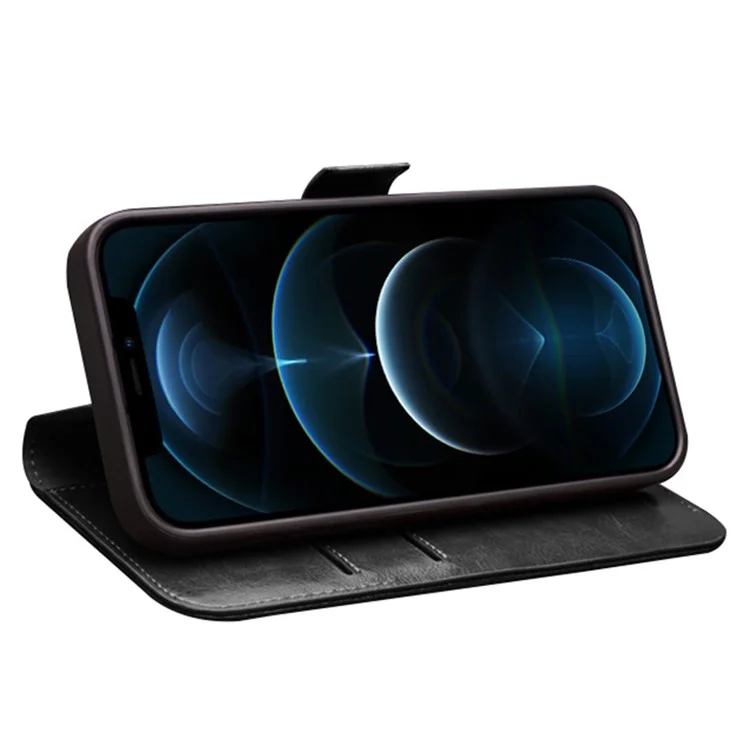 QIALINO For iPhone 12 / 12 Pro Case Anti-Drop Stand Shell Genuine Cow Leather Phone Cover - Black-Cellmalls