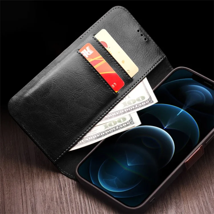QIALINO For iPhone 12 / 12 Pro Case Anti-Drop Stand Shell Genuine Cow Leather Phone Cover - Black-Cellmalls