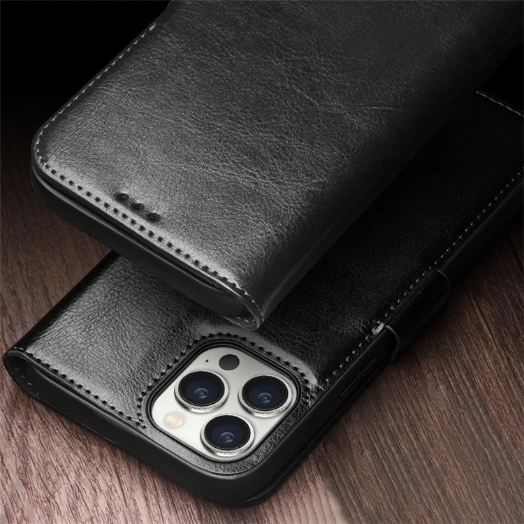 QIALINO For iPhone 12 / 12 Pro Case Anti-Drop Stand Shell Genuine Cow Leather Phone Cover - Black-Cellmalls