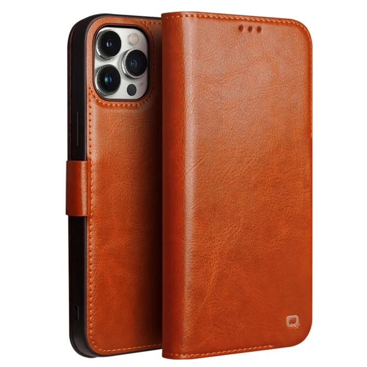 QIALINO For iPhone 12 / 12 Pro Case Anti-Drop Stand Shell Genuine Cow Leather Phone Cover - Black-Cellmalls