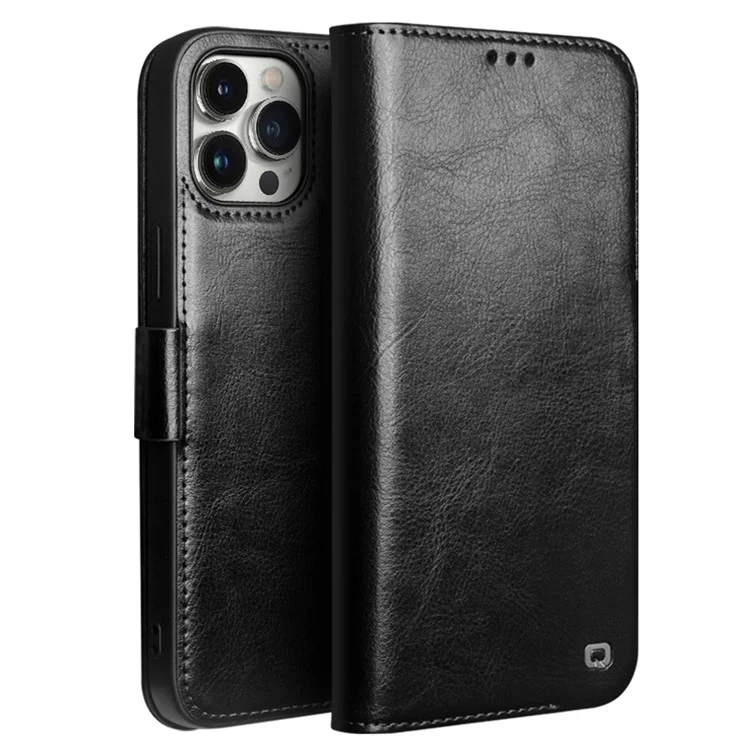 QIALINO For iPhone 12 Pro Max Case Anti-Drop Genuine Cow Leather Phone Wallet Cover - Black-Cellmalls