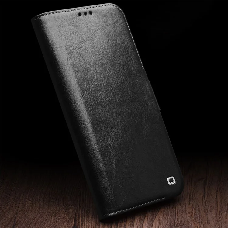 QIALINO For iPhone 12 Pro Max Case Anti-Drop Genuine Cow Leather Phone Wallet Cover - Black-Cellmalls