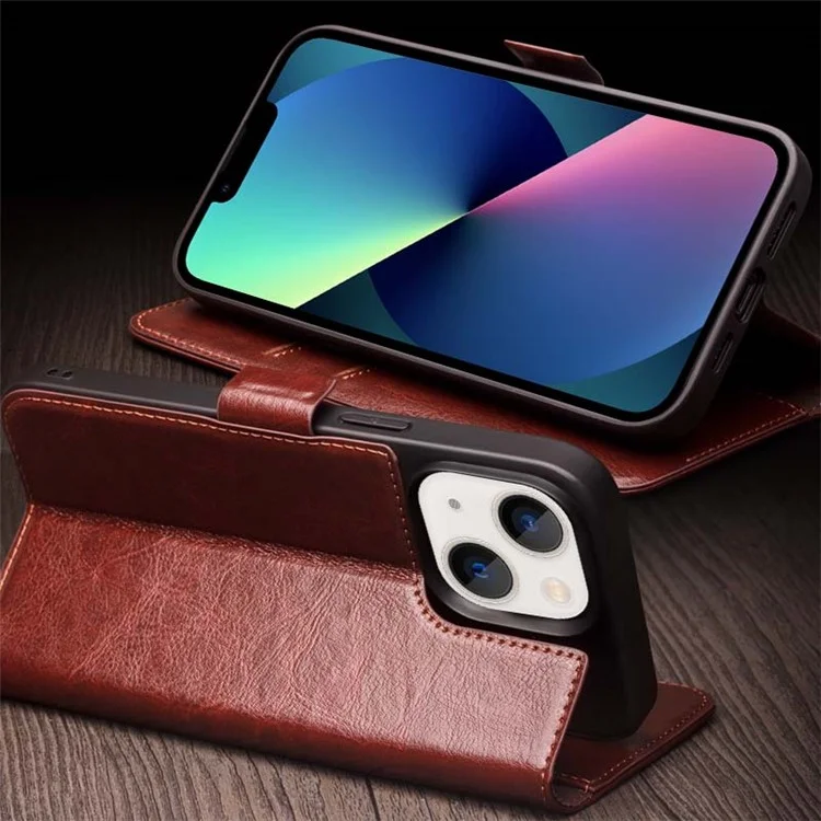 QIALINO For iPhone 13 6.1 inch Genuine Cow Leather Flip Phone Case Wallet Stand Magnetic Full Protection Cover - Dark Brown-Cellmalls