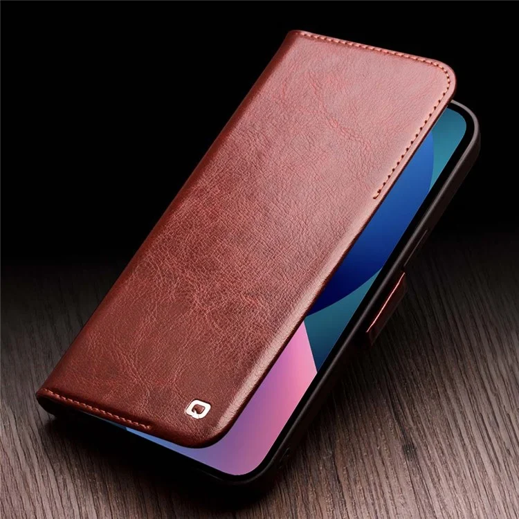 QIALINO For iPhone 13 6.1 inch Genuine Cow Leather Flip Phone Case Wallet Stand Magnetic Full Protection Cover - Dark Brown-Cellmalls