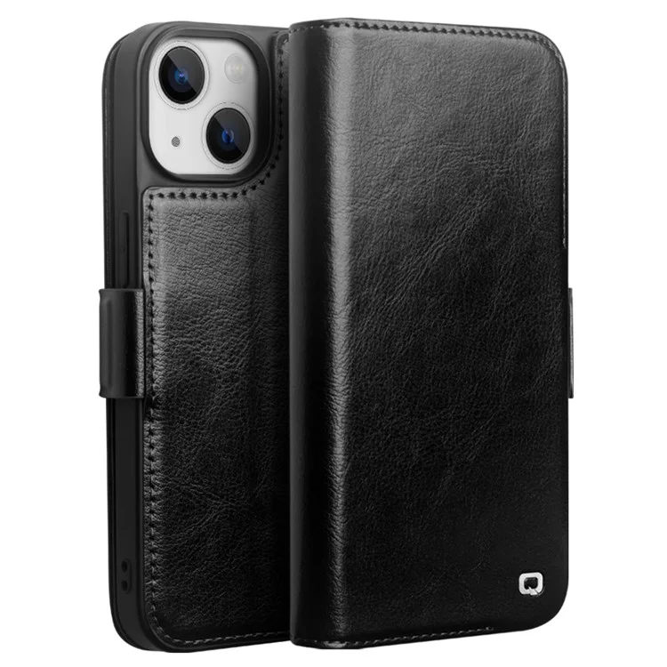 QIALINO For iPhone 13 6.1 inch Genuine Cow Leather Flip Phone Case Wallet Stand Magnetic Full Protection Cover - Dark Brown-Cellmalls