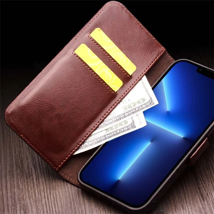 QIALINO For iPhone 13 Pro 6.1 inch Wallet Phone Case Genuine Cow Leather Stand Magnetic Cover - Dark Brown-Cellmalls