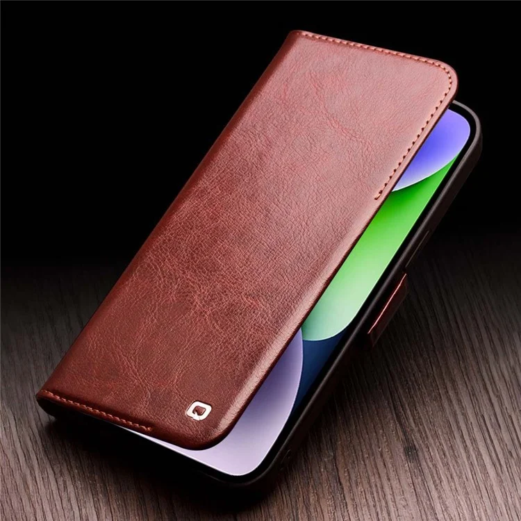 QIALINO For iPhone 14 Genuine Cow Leather Folio Wallet Case Stand Magnetic Flip Phone Cover - Light Brown-Cellmalls