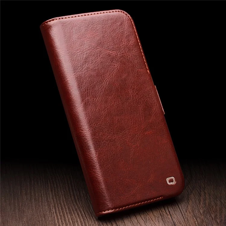 QIALINO For iPhone 14 Plus Genuine Cow Leather Case Stand Folio Wallet Phone Cover - Dark Brown-Cellmalls