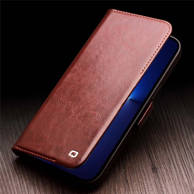 QIALINO For iPhone 13 Pro 6.1 inch Wallet Phone Case Genuine Cow Leather Stand Magnetic Cover - Dark Brown-Cellmalls