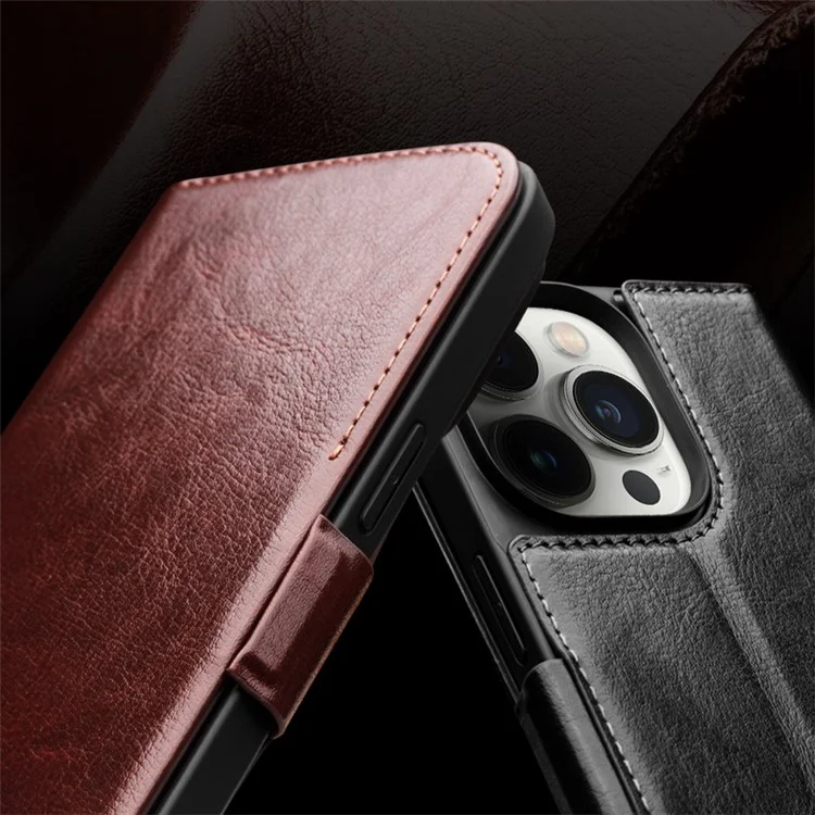 QIALINO For iPhone 13 Pro 6.1 inch Wallet Phone Case Genuine Cow Leather Stand Magnetic Cover - Dark Brown-Cellmalls