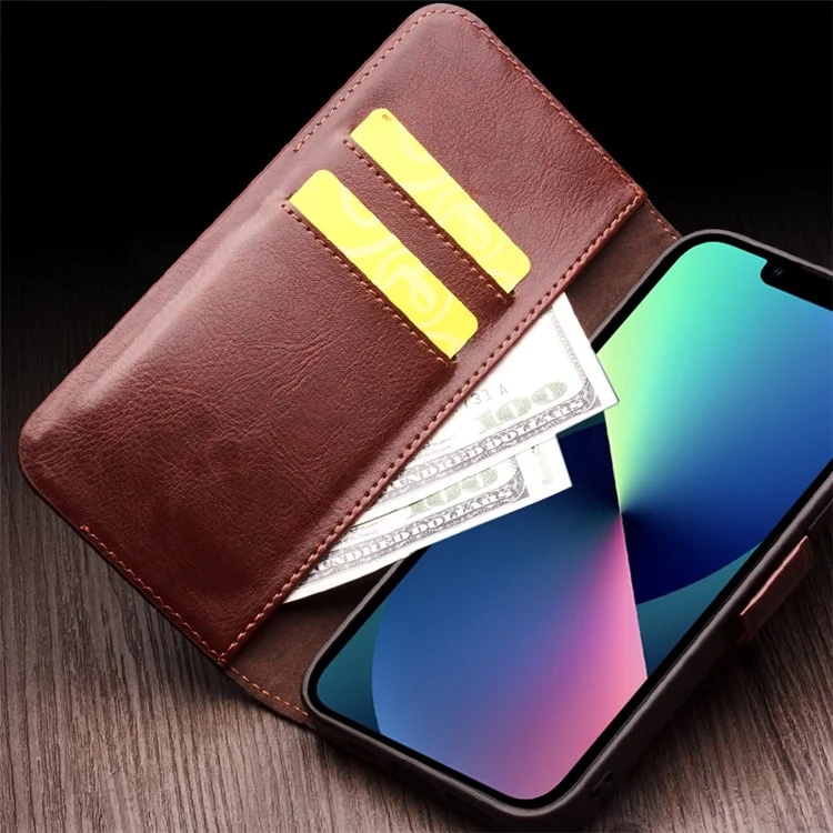 QIALINO For iPhone 13 6.1 inch Genuine Cow Leather Flip Phone Case Wallet Stand Magnetic Full Protection Cover - Dark Brown-Cellmalls