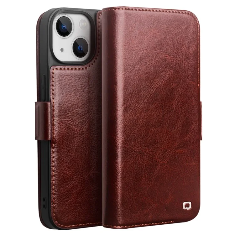 QIALINO For iPhone 14 Plus Genuine Cow Leather Case Stand Folio Wallet Phone Cover - Dark Brown-Cellmalls