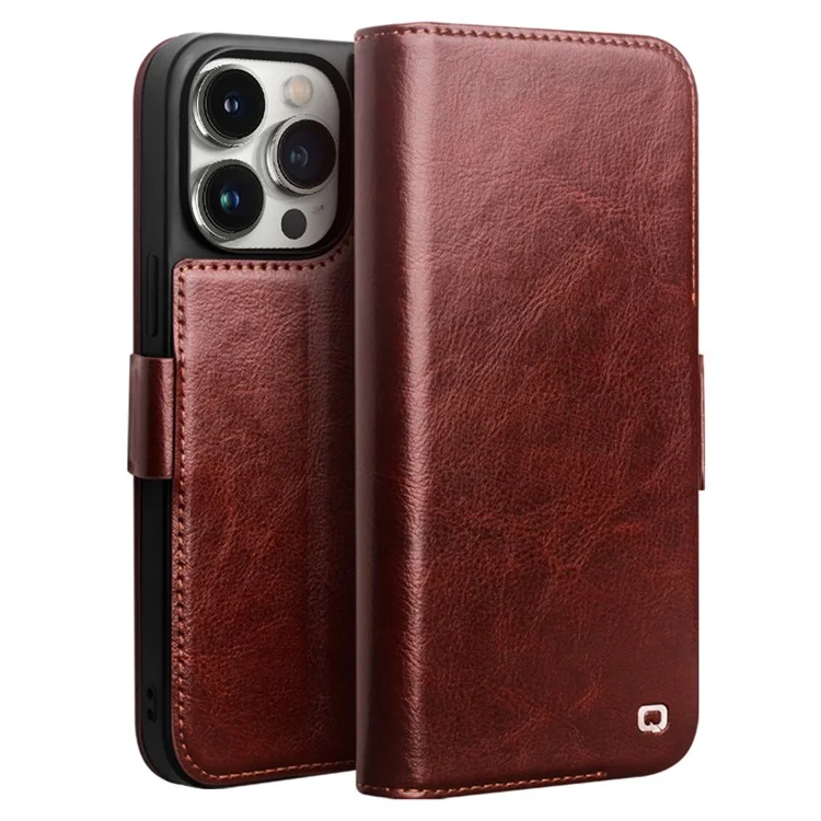 QIALINO For iPhone 13 Pro 6.1 inch Wallet Phone Case Genuine Cow Leather Stand Magnetic Cover - Dark Brown-Cellmalls
