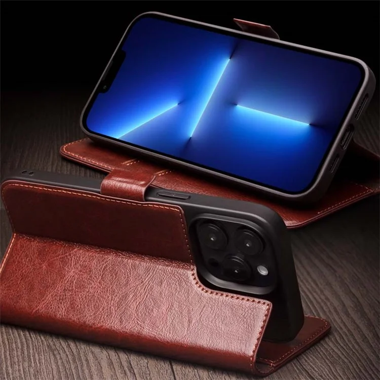 QIALINO For iPhone 13 Pro Max 6.7 inch Genuine Cow Leather Case Wallet Stand Flip Phone Cover - Black-Cellmalls