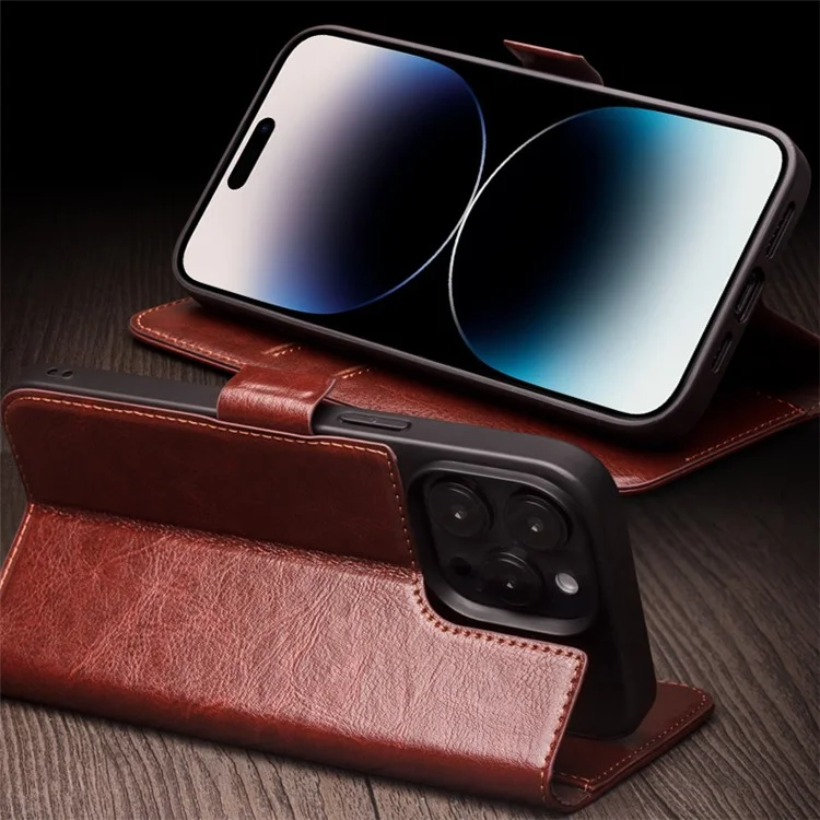 QIALINO For iPhone 14 Pro Genuine Cow Leather Phone Case Stand Folio Wallet Cover - Dark Brown-Cellmalls