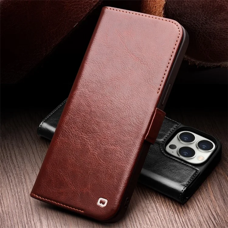 QIALINO For iPhone 14 Pro Genuine Cow Leather Phone Case Stand Folio Wallet Cover - Dark Brown-Cellmalls