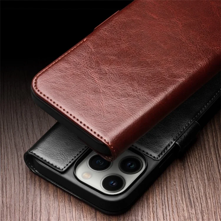 QIALINO For iPhone 14 Pro Max Genuine Cow Leather Wallet Case Stand Flip Magnetic Phone Cover - Dark Brown-Cellmalls