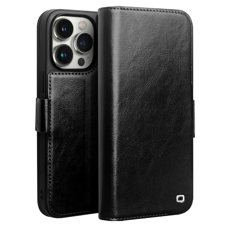QIALINO For iPhone 14 Pro Max Genuine Cow Leather Wallet Case Stand Flip Magnetic Phone Cover - Dark Brown-Cellmalls