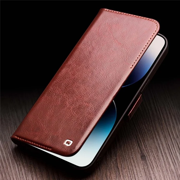 QIALINO For iPhone 14 Pro Genuine Cow Leather Phone Case Stand Folio Wallet Cover - Dark Brown-Cellmalls