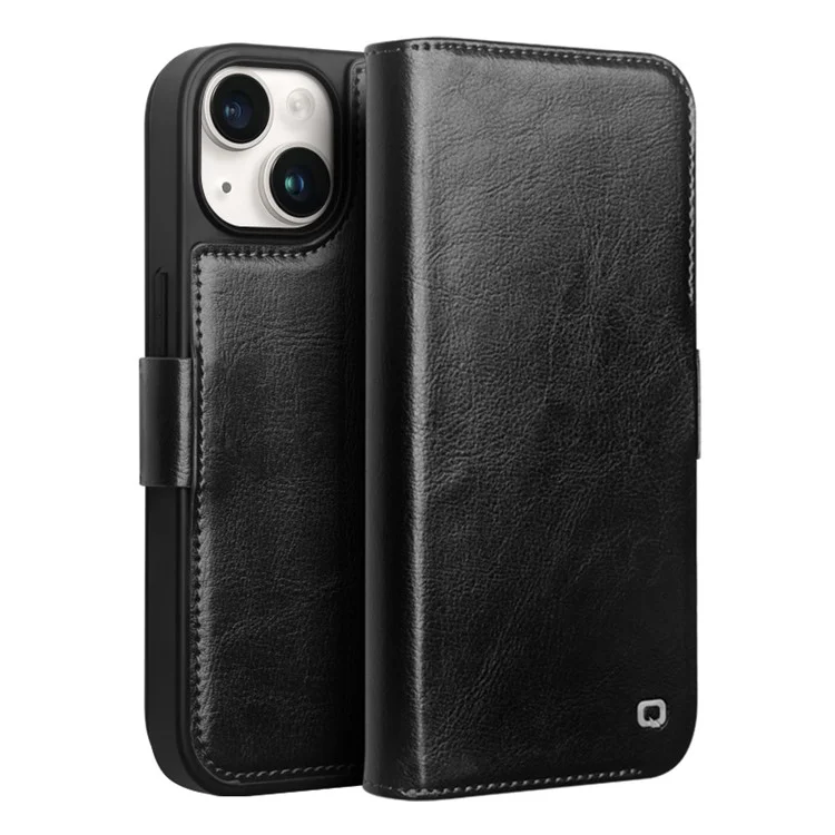 QIALINO For iPhone 15 Genuine Cow Leather+TPU Anti-Drop Phone Case Stand Wallet Cover - Black-Cellmalls