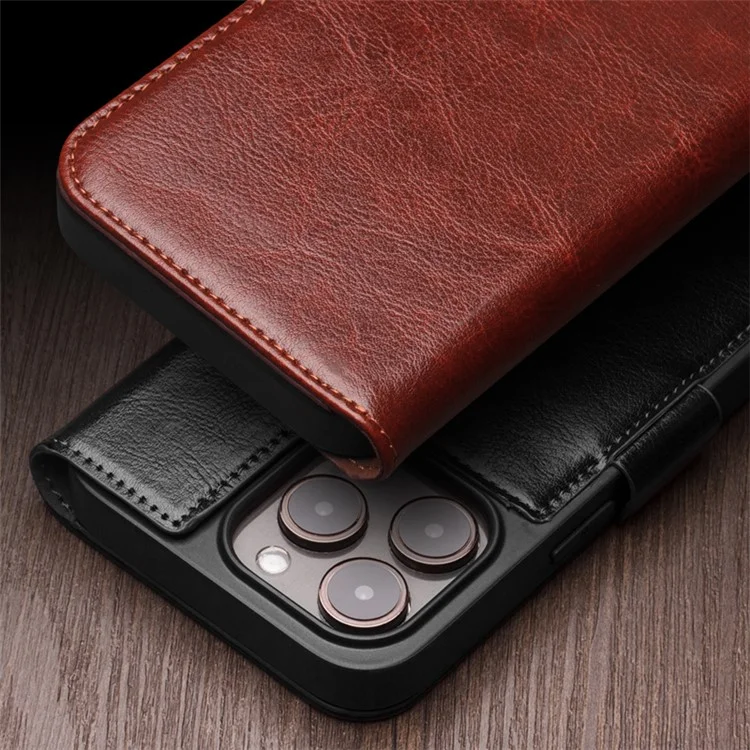 QIALINO For iPhone 15 Genuine Cow Leather+TPU Anti-Drop Phone Case Stand Wallet Cover - Black-Cellmalls