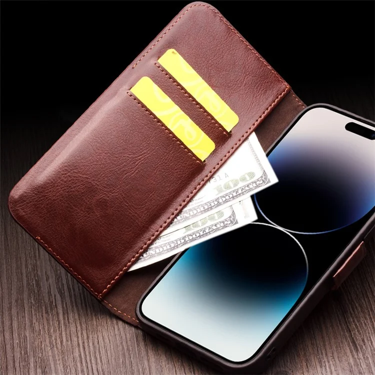 QIALINO For iPhone 14 Pro Genuine Cow Leather Phone Case Stand Folio Wallet Cover - Dark Brown-Cellmalls