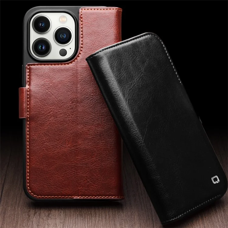 QIALINO For iPhone 15 Genuine Cow Leather+TPU Anti-Drop Phone Case Stand Wallet Cover - Black-Cellmalls