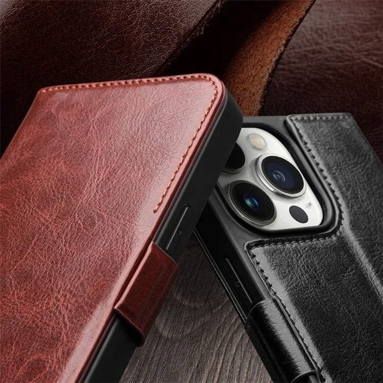 QIALINO For iPhone 15 Genuine Cow Leather+TPU Anti-Drop Phone Case Stand Wallet Cover - Black-Cellmalls