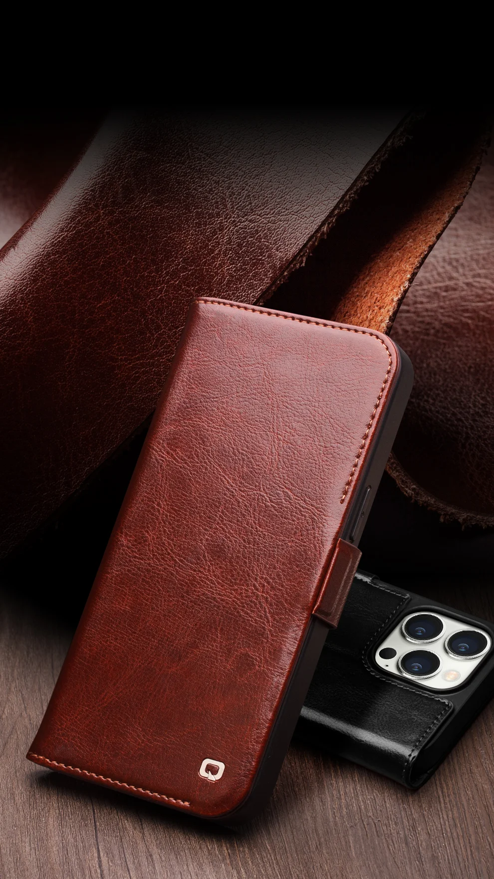 QIALINO Genuine Cow Leather+TPU Phone Case for iPhone 15 Plus Magnetic Closure Shockproof Phone Cover - Dark Brown-Cellmalls