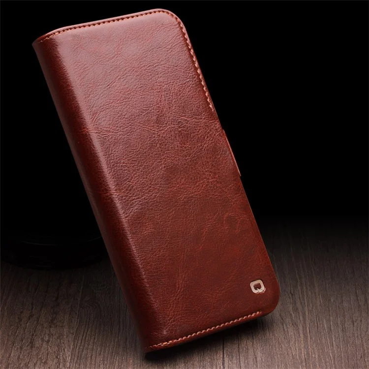 QIALINO For iPhone 15 Genuine Cow Leather+TPU Anti-Drop Phone Case Stand Wallet Cover - Black-Cellmalls
