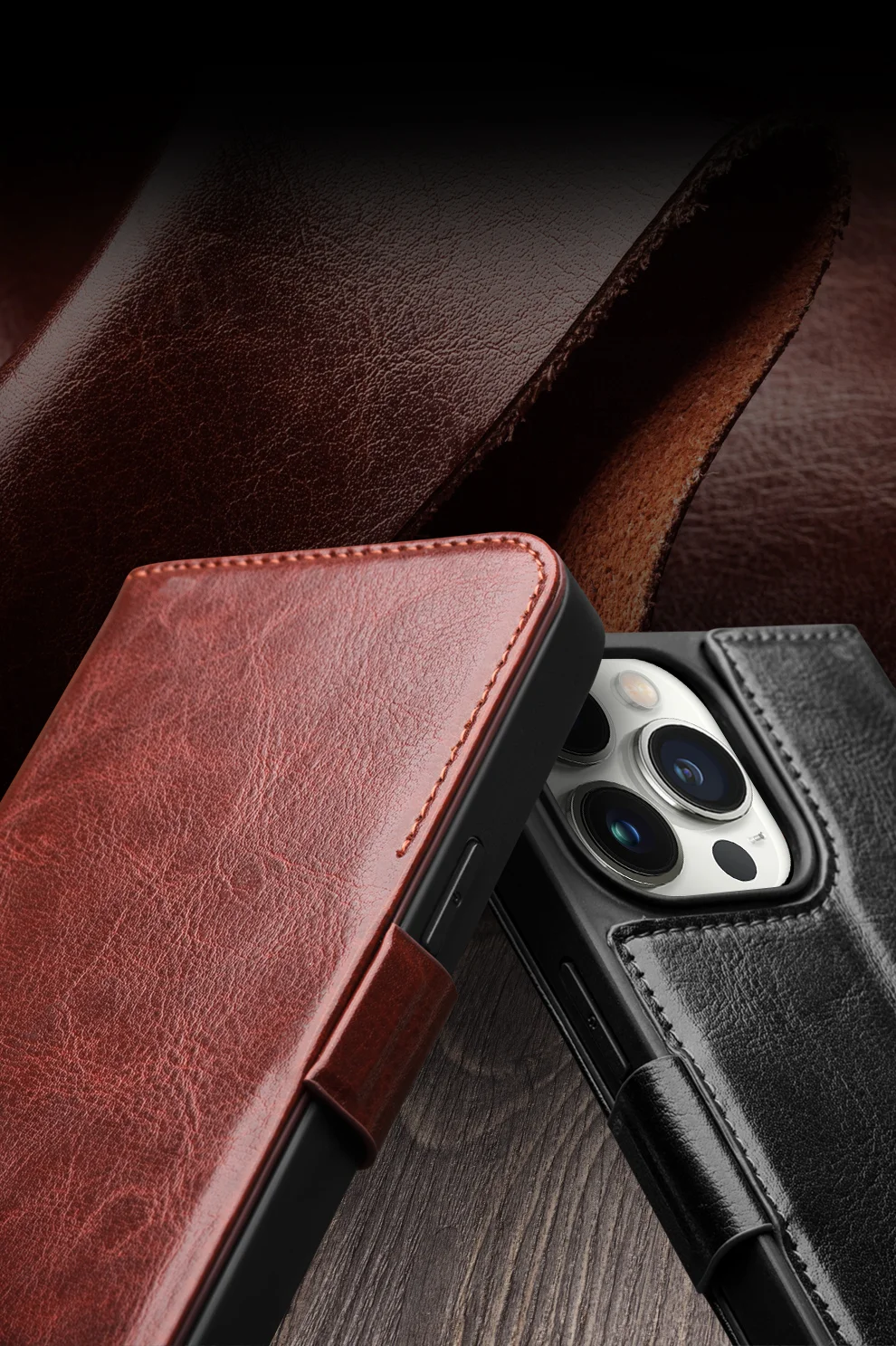 QIALINO Genuine Cow Leather+TPU Phone Case for iPhone 15 Plus Magnetic Closure Shockproof Phone Cover - Dark Brown-Cellmalls