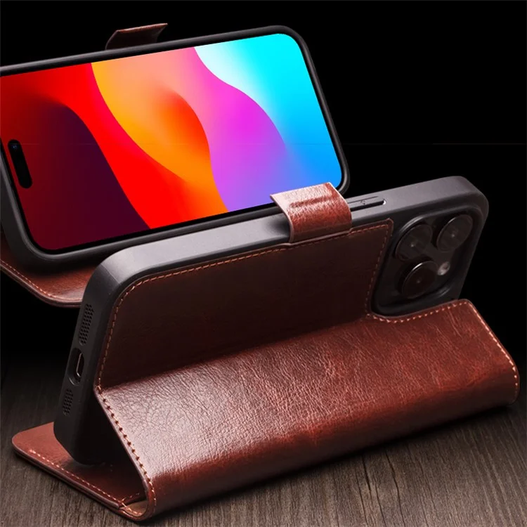 QIALINO For iPhone 15 Genuine Cow Leather+TPU Anti-Drop Phone Case Stand Wallet Cover - Black-Cellmalls
