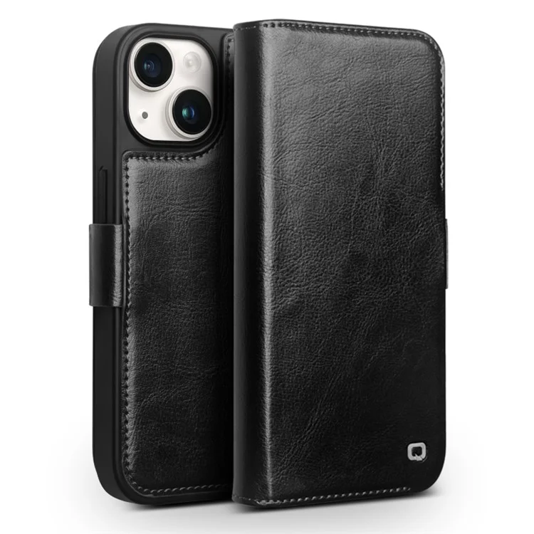 QIALINO Genuine Cow Leather+TPU Phone Case for iPhone 15 Plus Magnetic Closure Shockproof Phone Cover - Dark Brown-Cellmalls