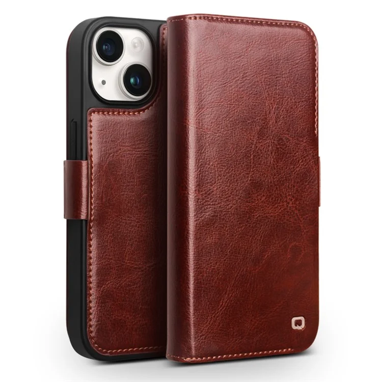 QIALINO Genuine Cow Leather+TPU Phone Case for iPhone 15 Plus Magnetic Closure Shockproof Phone Cover - Dark Brown-Cellmalls