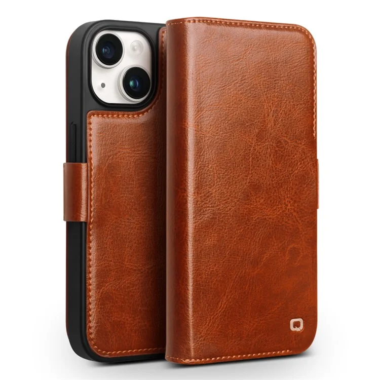 QIALINO Genuine Cow Leather+TPU Phone Case for iPhone 15 Plus Magnetic Closure Shockproof Phone Cover - Dark Brown-Cellmalls