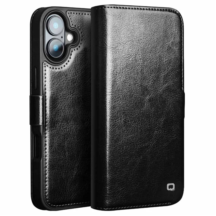 QIALINO For iPhone 16 Case TPU+Genuine Cow Leather Wallet Phone Cover - Black-Cellmalls