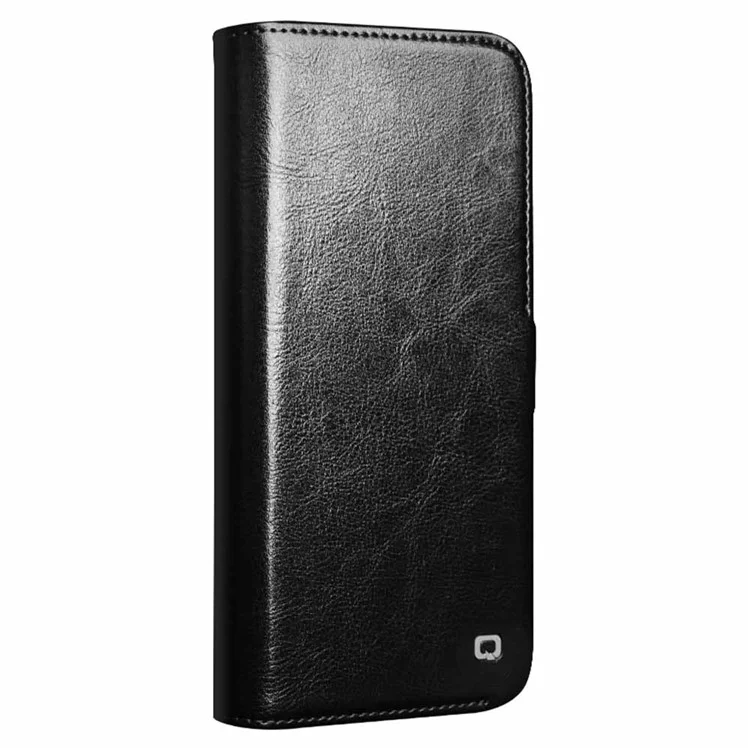 QIALINO For iPhone 16 Case TPU+Genuine Cow Leather Wallet Phone Cover - Black-Cellmalls