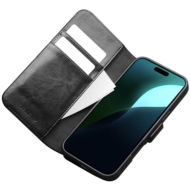 QIALINO For iPhone 16 Plus Case TPU+Genuine Cow Leather Wallet Phone Cover - Black-Cellmalls