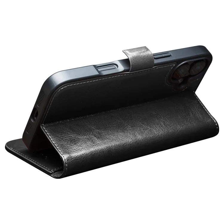 QIALINO For iPhone 16 Plus Case TPU+Genuine Cow Leather Wallet Phone Cover - Black-Cellmalls