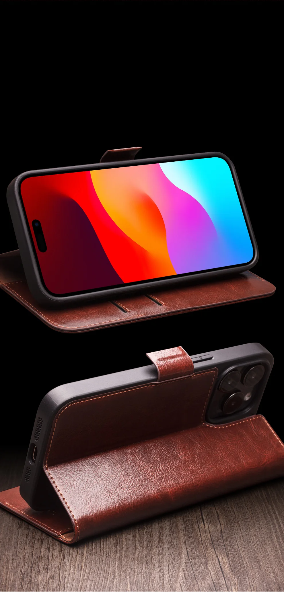 QIALINO Anti-Drop Phone Case for iPhone 15 Pro Genuine Cow Leather+TPU Magnetic Closure Phone Cover - Dark Brown-Cellmalls