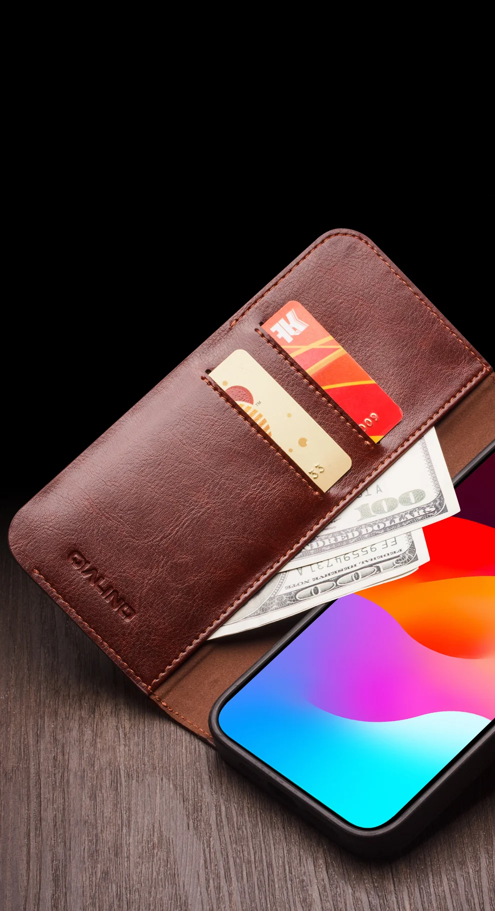 QIALINO Anti-Drop Phone Case for iPhone 15 Pro Genuine Cow Leather+TPU Magnetic Closure Phone Cover - Dark Brown-Cellmalls