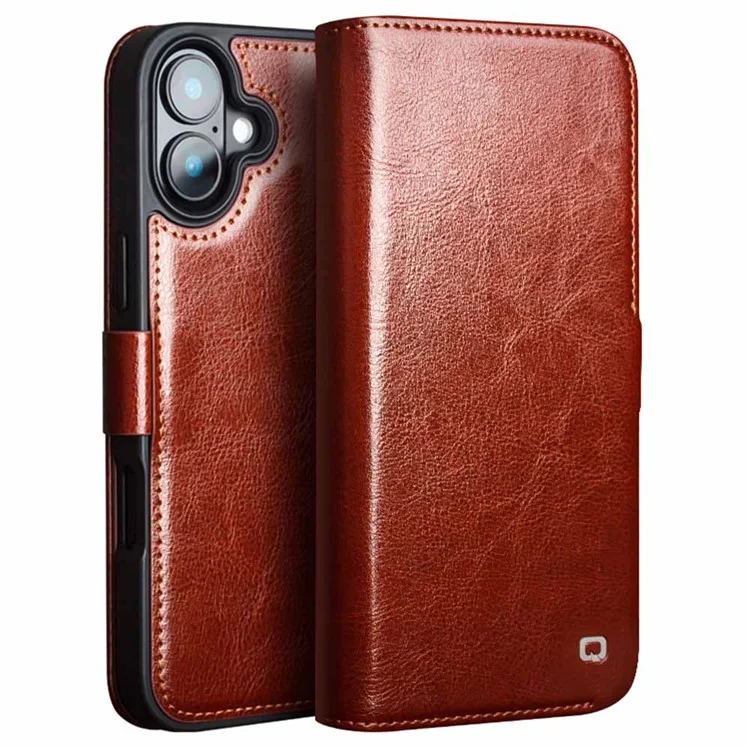 QIALINO For iPhone 16 Plus Case TPU+Genuine Cow Leather Wallet Phone Cover - Black-Cellmalls