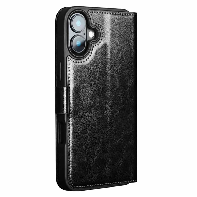 QIALINO For iPhone 16 Plus Case TPU+Genuine Cow Leather Wallet Phone Cover - Black-Cellmalls