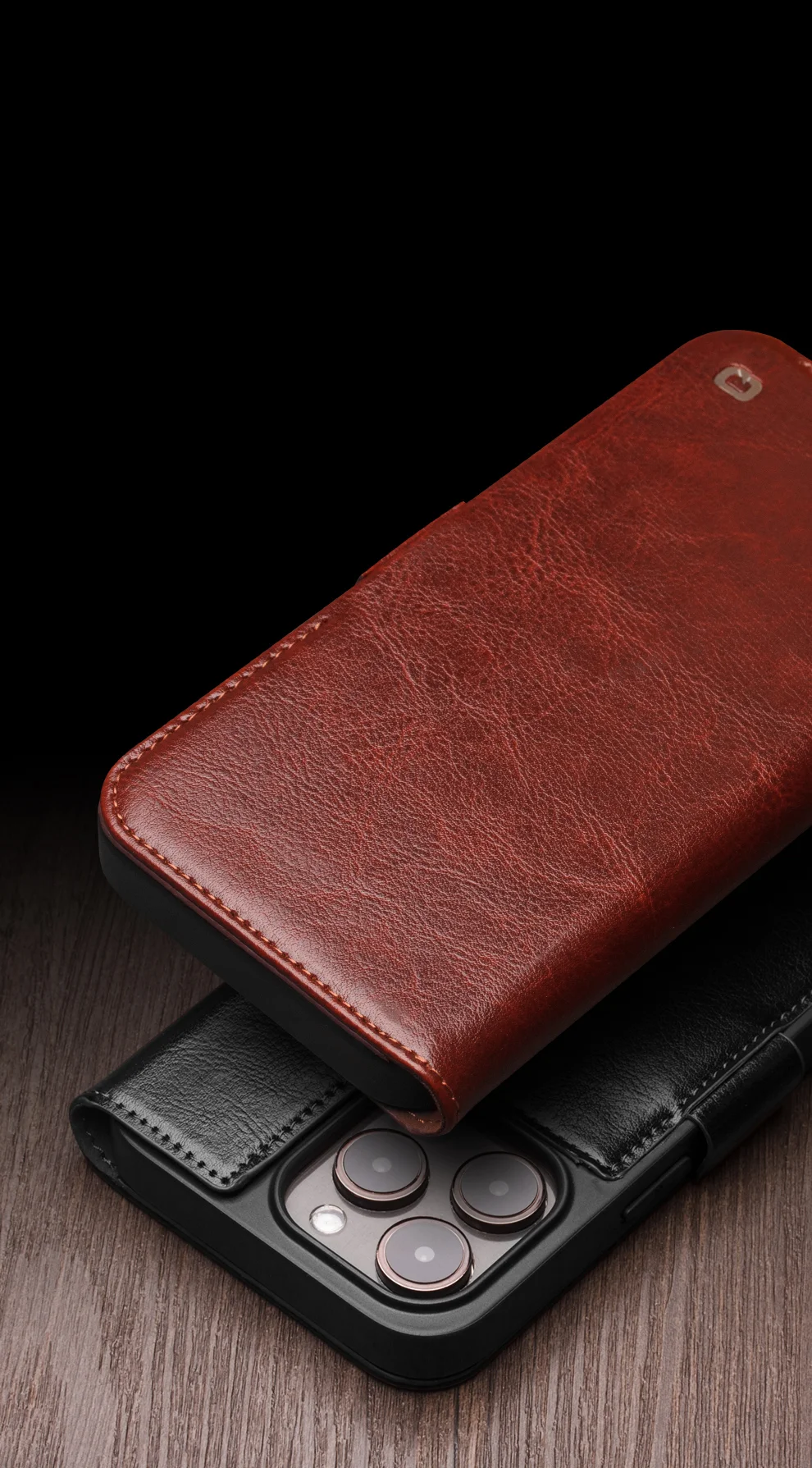 QIALINO For iPhone 15 Pro Max Genuine Cow Leather+TPU Phone Case Magnetic Closure Full Protection Phone Cover - Dark Brown-Cellmalls