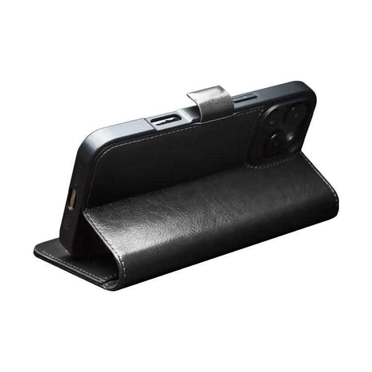 QIALINO For iPhone 16 Pro Max Case TPU+Genuine Cow Leather Wallet Phone Cover - Black-Cellmalls