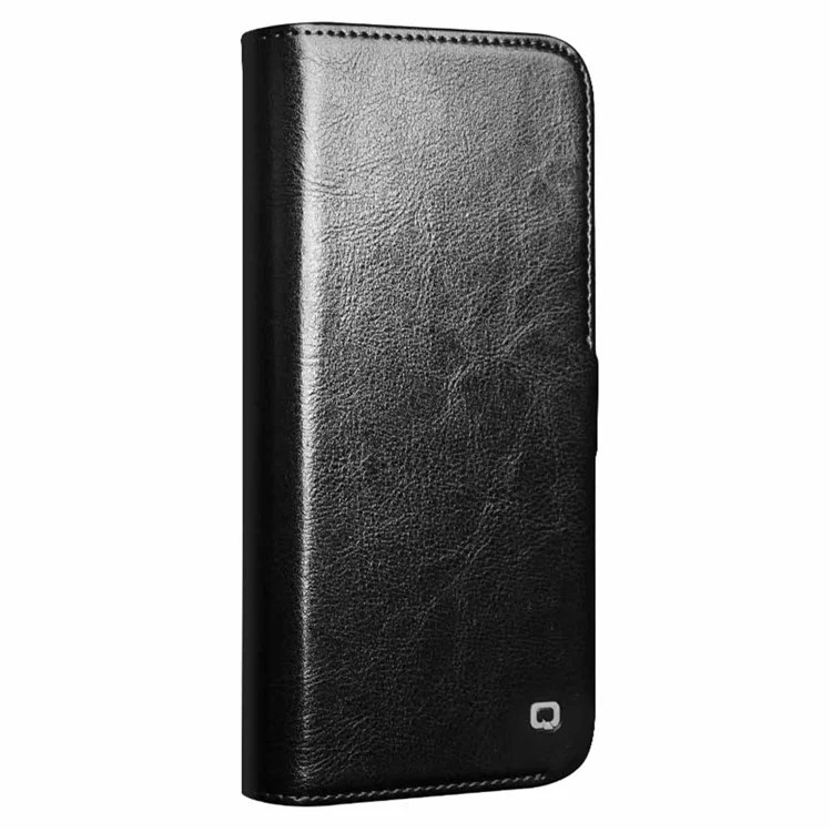 QIALINO For iPhone 16 Pro Max Case TPU+Genuine Cow Leather Wallet Phone Cover - Black-Cellmalls